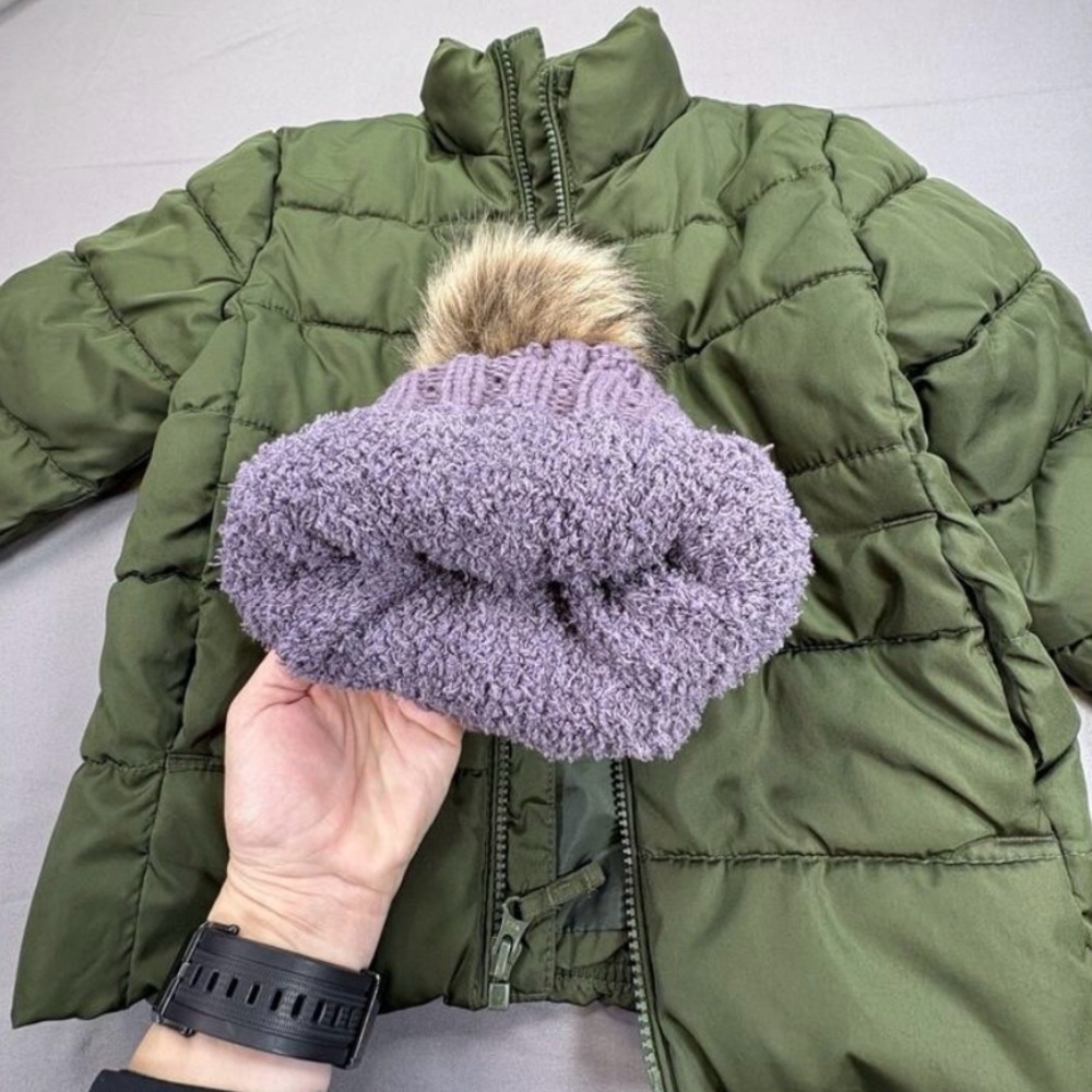 Children’s Place Green Puffer Coat SZ 5/6 Unisex + Purple CC Beanie Kids Bundle - Picture 11 of 14